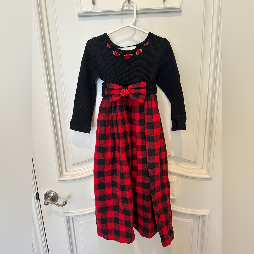 Storybook Heirloom Girls Red and Black Checkered Dress with Rose Details